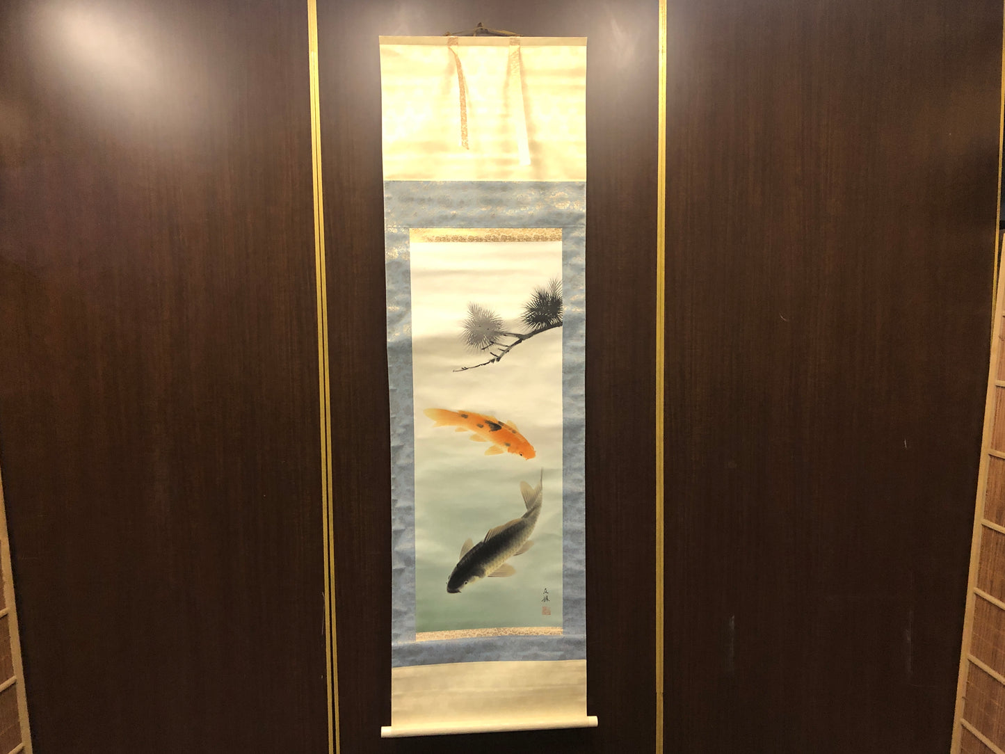 Y8429 KAKEJIKU 2 Carps Pine signed box Japan antique hanging scroll interior art