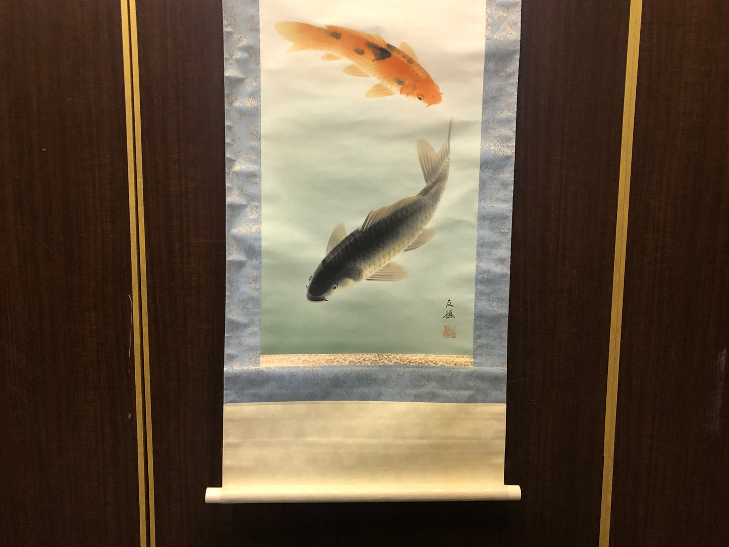 Y8429 KAKEJIKU 2 Carps Pine signed box Japan antique hanging scroll interior art