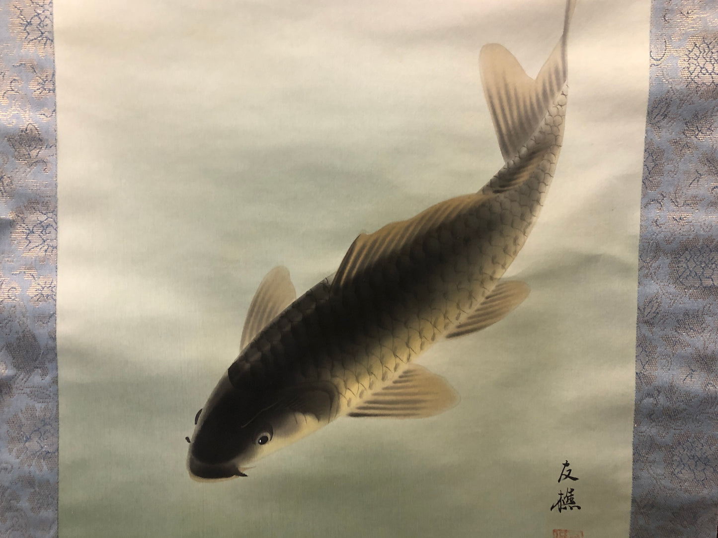 Y8429 KAKEJIKU 2 Carps Pine signed box Japan antique hanging scroll interior art