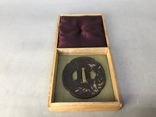 Y8507 TSUBA Iron sword guard inlay box Japan antique samurai katana koshirae