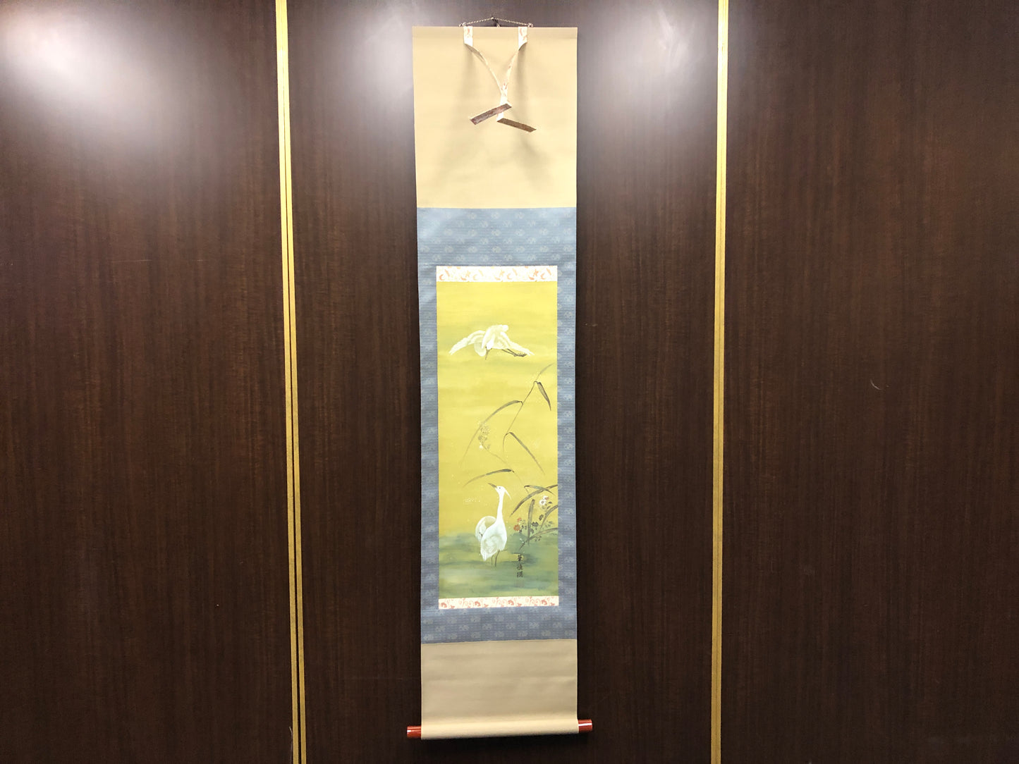 Y8516 KAKEJIKU Heron Snow signed box Japan antique hanging scroll wall decor