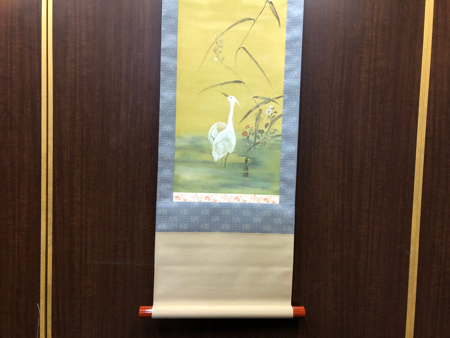 Y8516 KAKEJIKU Heron Snow signed box Japan antique hanging scroll wall decor
