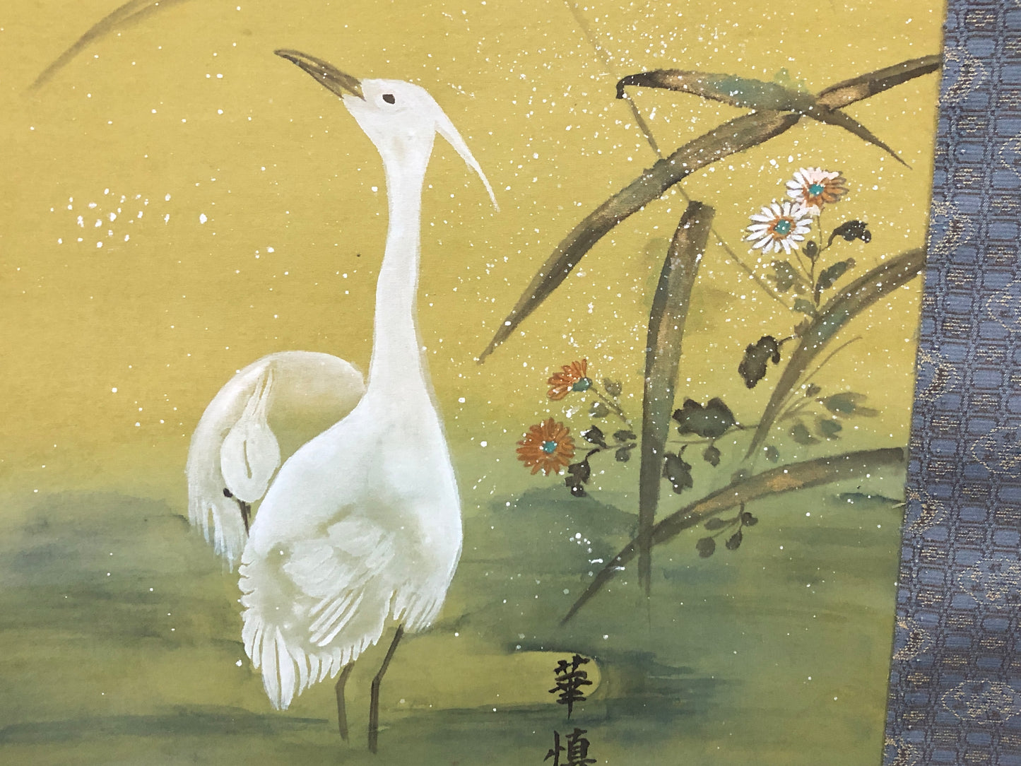 Y8516 KAKEJIKU Heron Snow signed box Japan antique hanging scroll wall decor