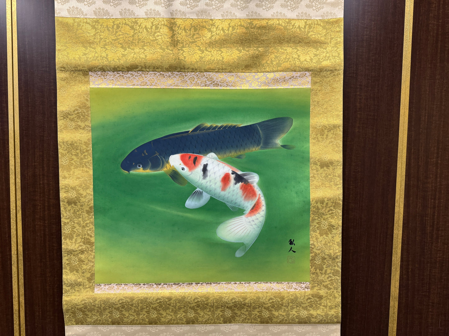 Y8565 KAKEJIKU 2 Koi fish signed box Japan antique hanging scroll interior