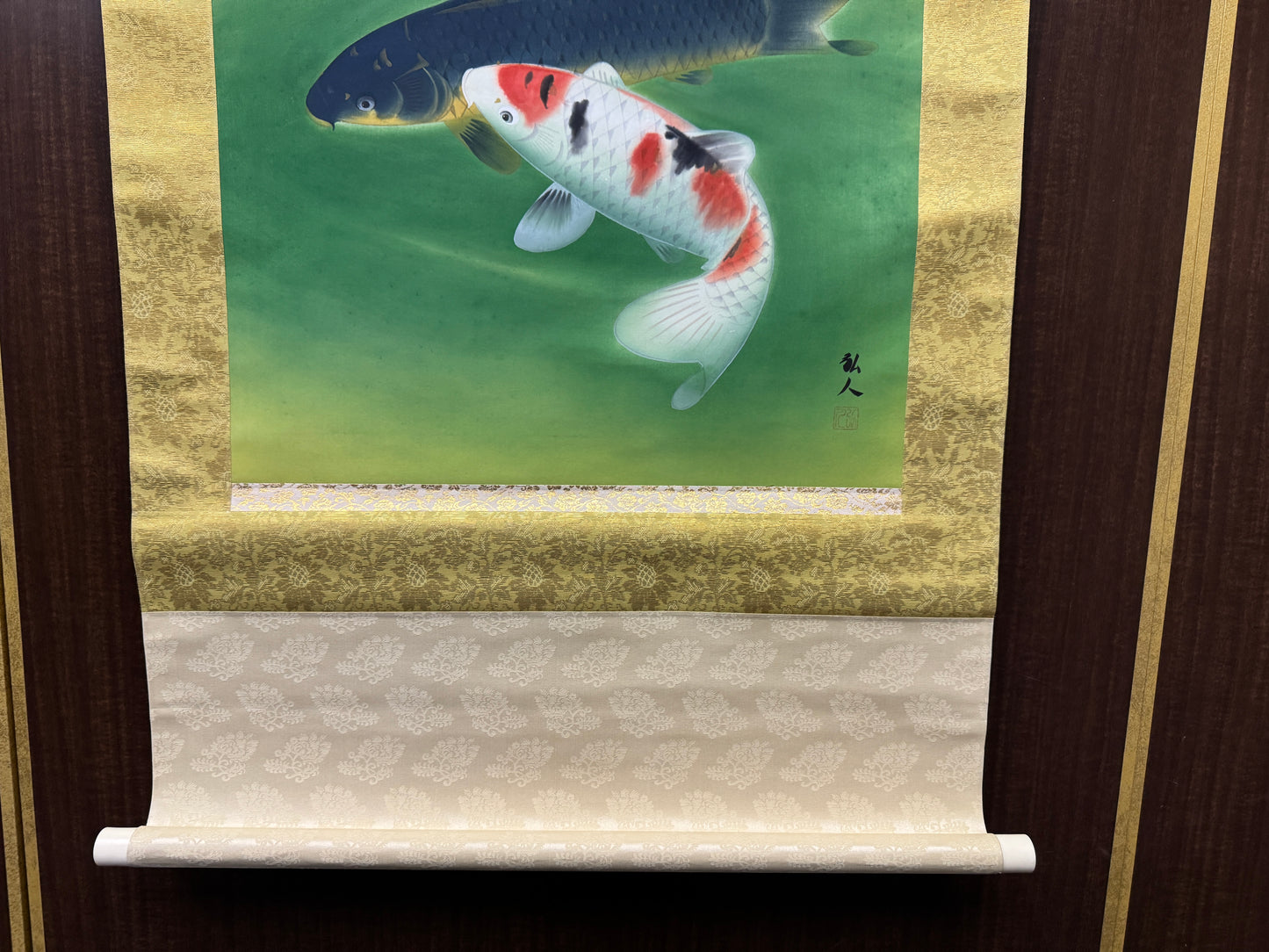 Y8565 KAKEJIKU 2 Koi fish signed box Japan antique hanging scroll interior