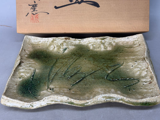Y8798 DISH Seto-ware square plate signed box Japan antique tableware kitchen
