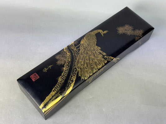 Y8831 BOX Chinkin Makie Peacock Letter Case Signed Japan antique storage decor