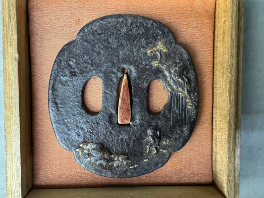 Y8841 TSUBA Iron sword guard box Japan samurai katana antique koshirae edo