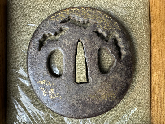 Y8842 TSUBA Iron sword guard box Japan samurai katana antique koshirae edo