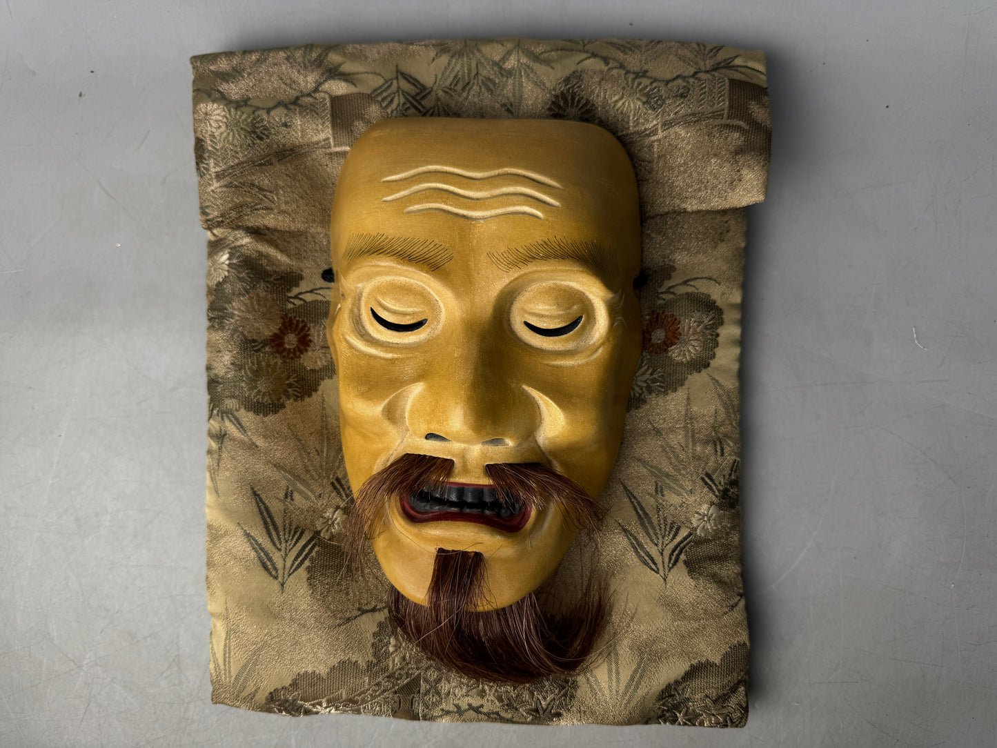 Y8854 NOH MASK wood carving Kagekiyo signed Japan antique omen men dance drama