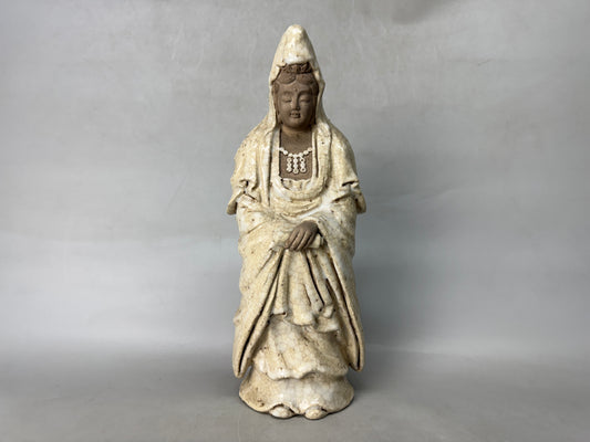 Y8861 OKIMONO Mino-ware White-robed Kannon figurine signed Japan antique figure