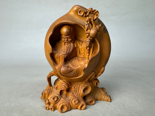 Y8862 OKIMONO wood carving Peach hermit figurine signed China antique interior