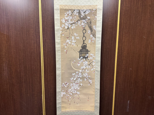 Y8870 KAKEJIKU Cherry blossoms at night signed box Japan antique hanging scroll
