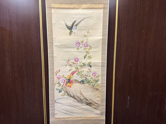 Y8897 KAKEJIKU Flower Bird no signature Japan antique hanging scroll interior