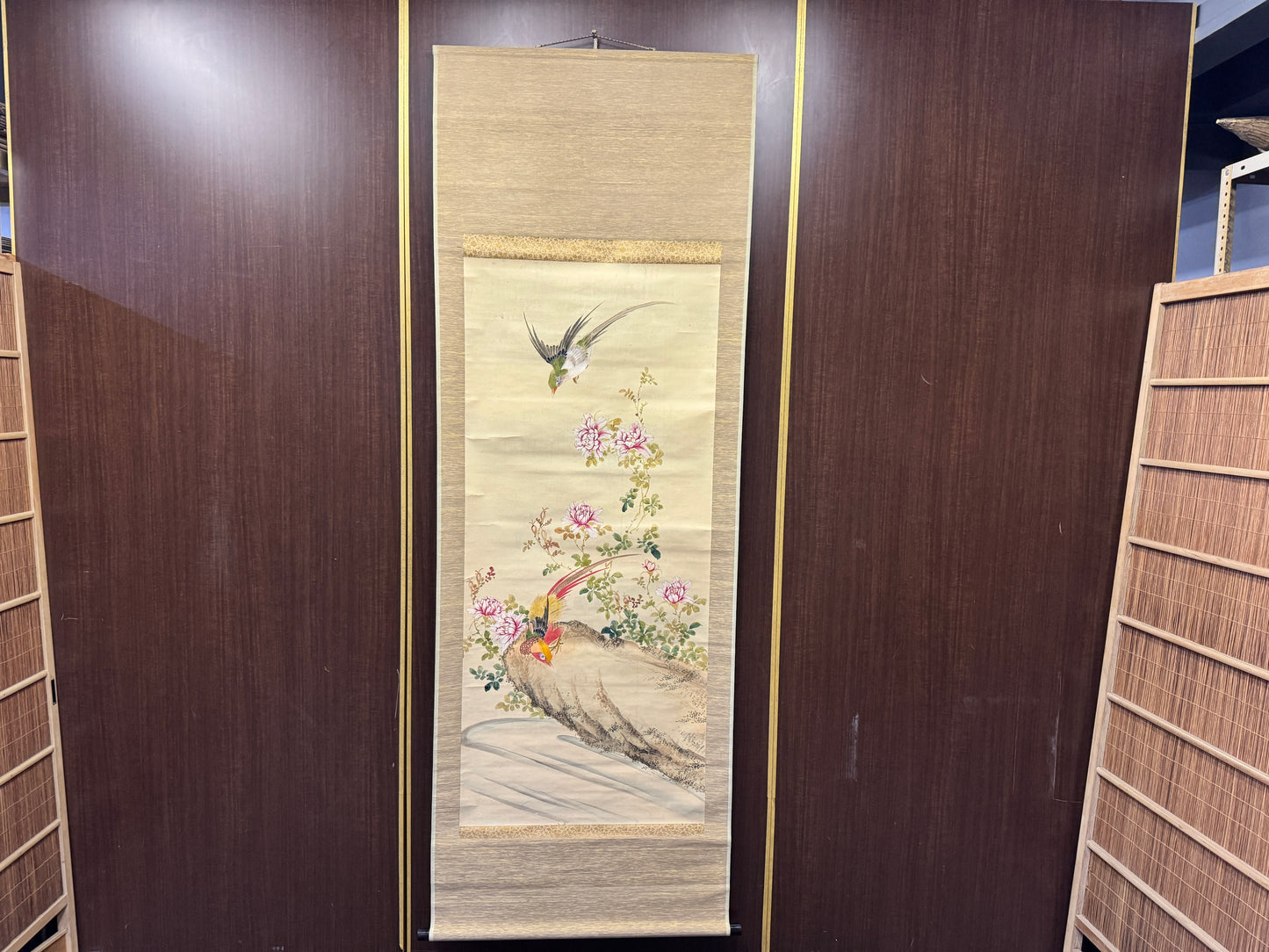 Y8897 KAKEJIKU Flower Bird no signature Japan antique hanging scroll interior