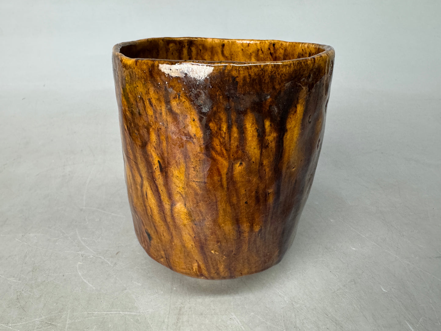Y8910 CHAWAN Ohi-ware tube bowl signed Japan antique tea ceremony teacup pottery