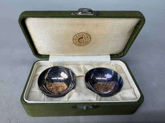 Y8929 Imperial Japan Army Pure Silver 2 sake cups box Japan WW2 vintage choushi
