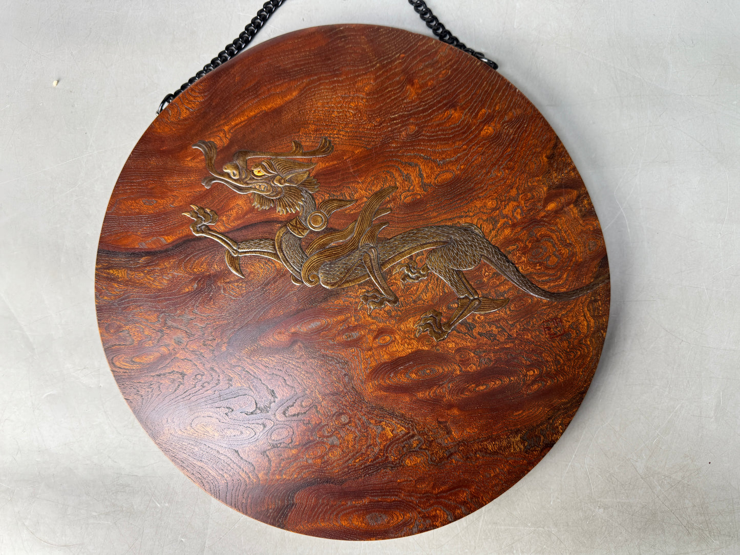 Y8935 FRAME Dragon Makie natural wood round signed box Tamamoku Japan antique