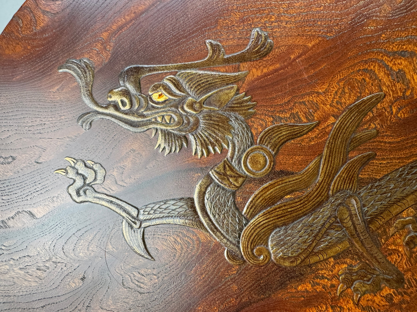 Y8935 FRAME Dragon Makie natural wood round signed box Tamamoku Japan antique