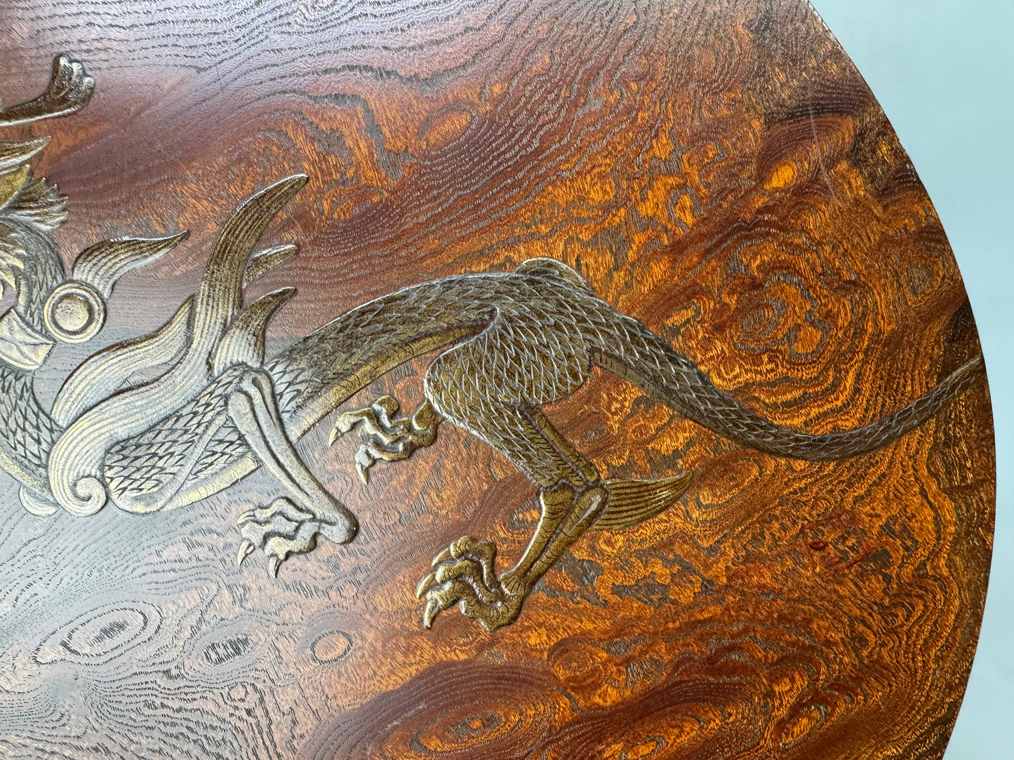 Y8935 FRAME Dragon Makie natural wood round signed box Tamamoku Japan antique