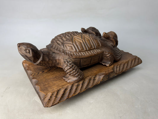 Y8937 OKIMONO wood carving Turtle figurine stand cedar Japan antique interior