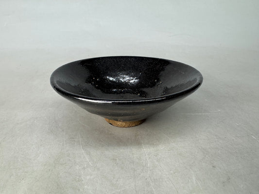 Y8949 CHAWAN Raku-ware black flat bowl signed Japan antique tea ceremony pottery