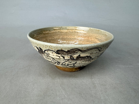 Y8950 CHAWAN Souma-ware flat bowl signed horse Japan antique tea ceremony cup
