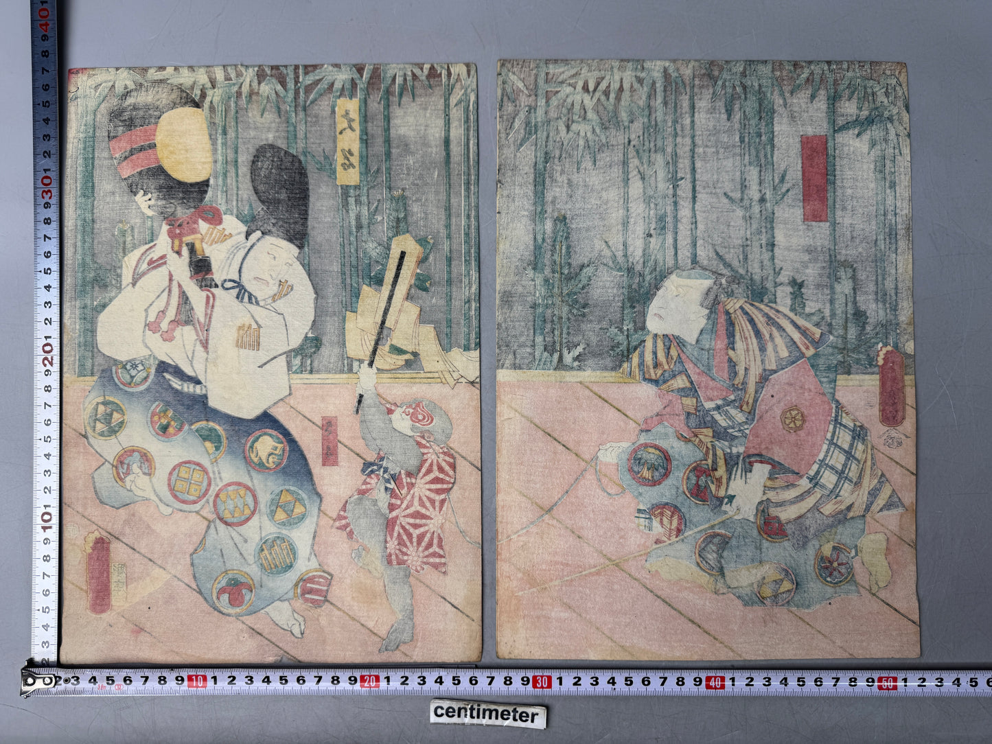 Y9004 WOODBLOCK PRINT Toyokuni Monkey show diptych Japan Ukiyoe antique art