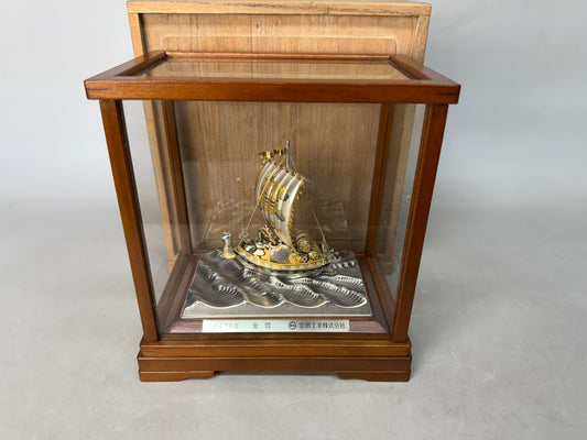 Y9006 OKIMONO Silver Treasure ship glass case box Japan antique interior figure