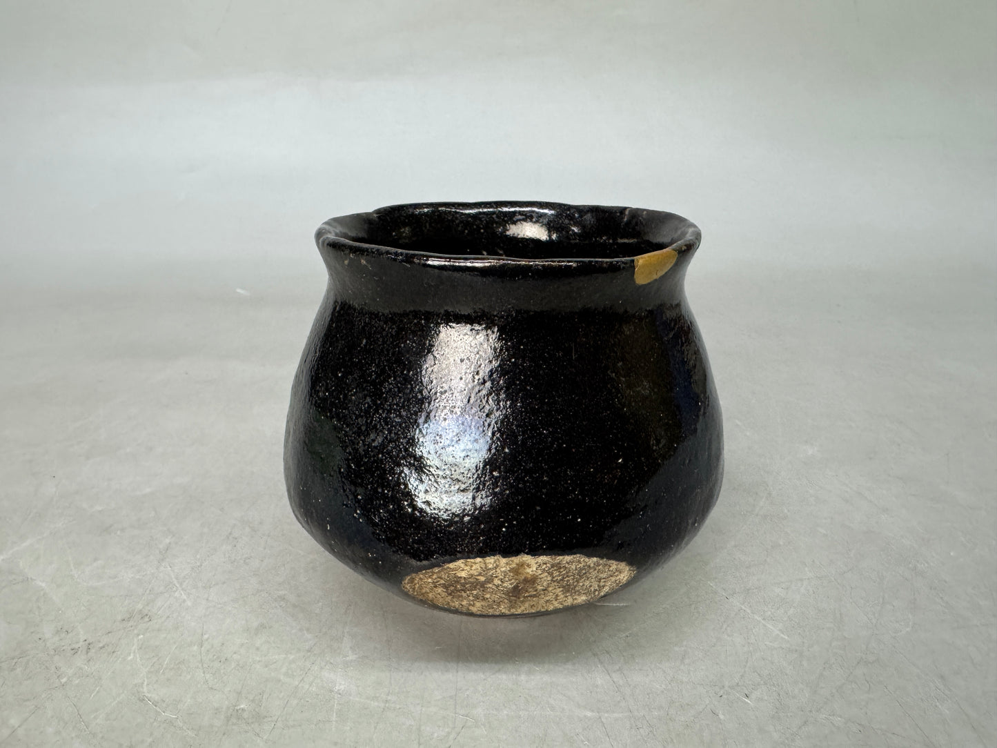 Y9014 CHAWAN Raku-ware tube bowl kintsugi deformed Japan antique tea ceremony