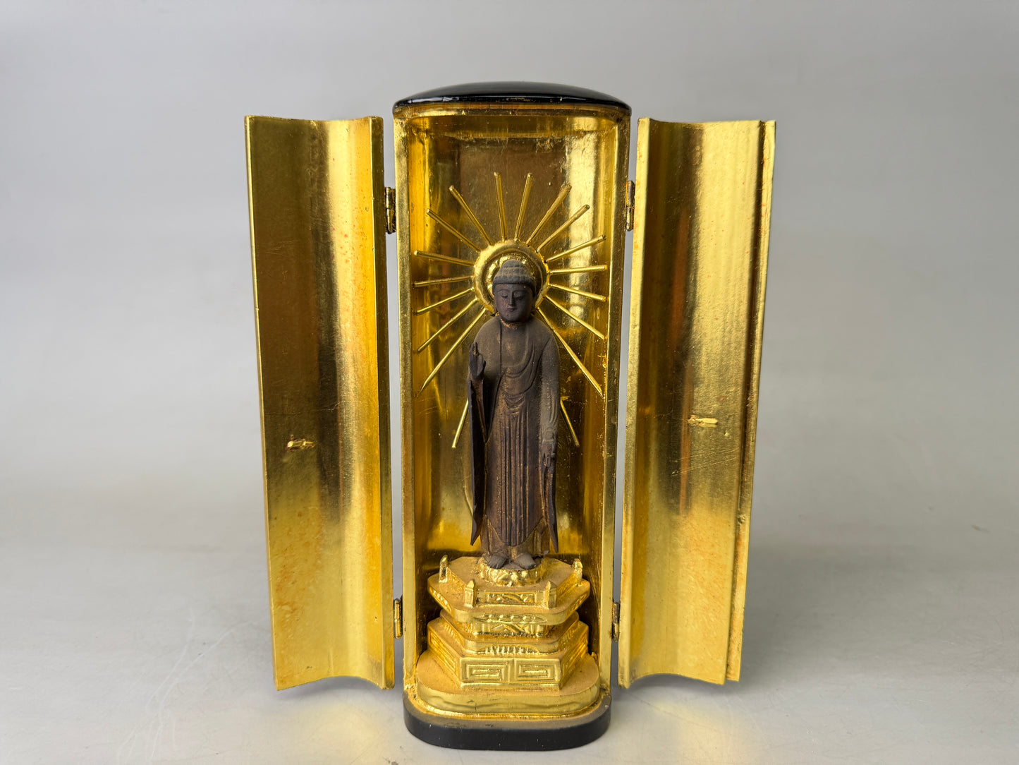 Y9019 STATUE wood carving Amitabha Buddha figurine shrine Japan antique Buddhism