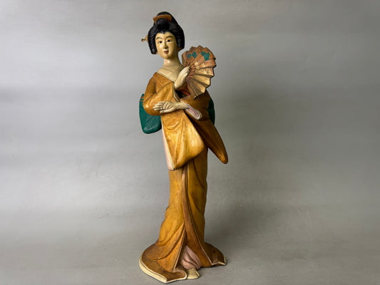 Y9022 STATUE wood carving Kimono beauty figurine signed Japan antique interior