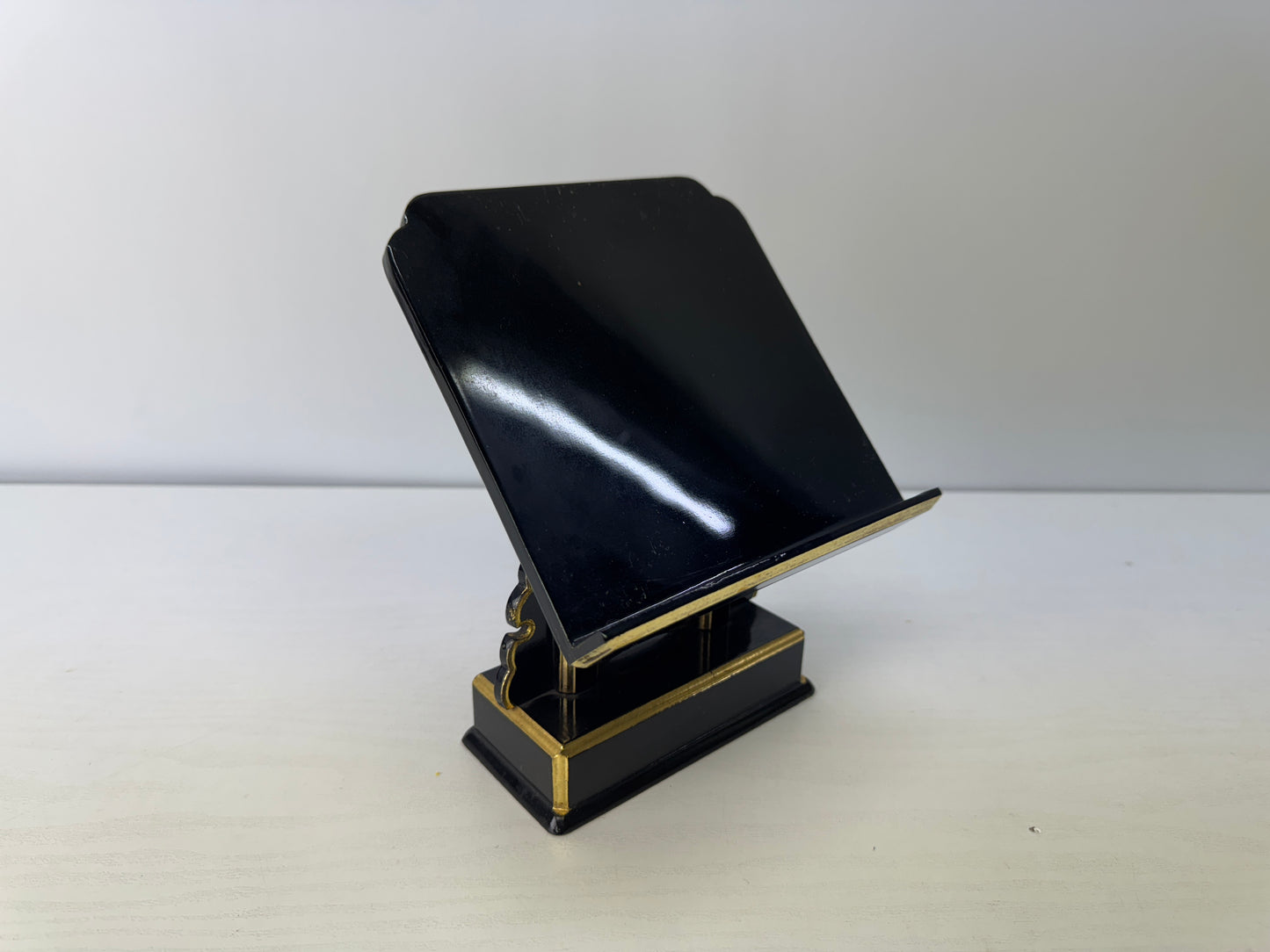 Y9087 Buddhist Altar Kakocho stand black lacquer gold rim Japan antique Buddhism