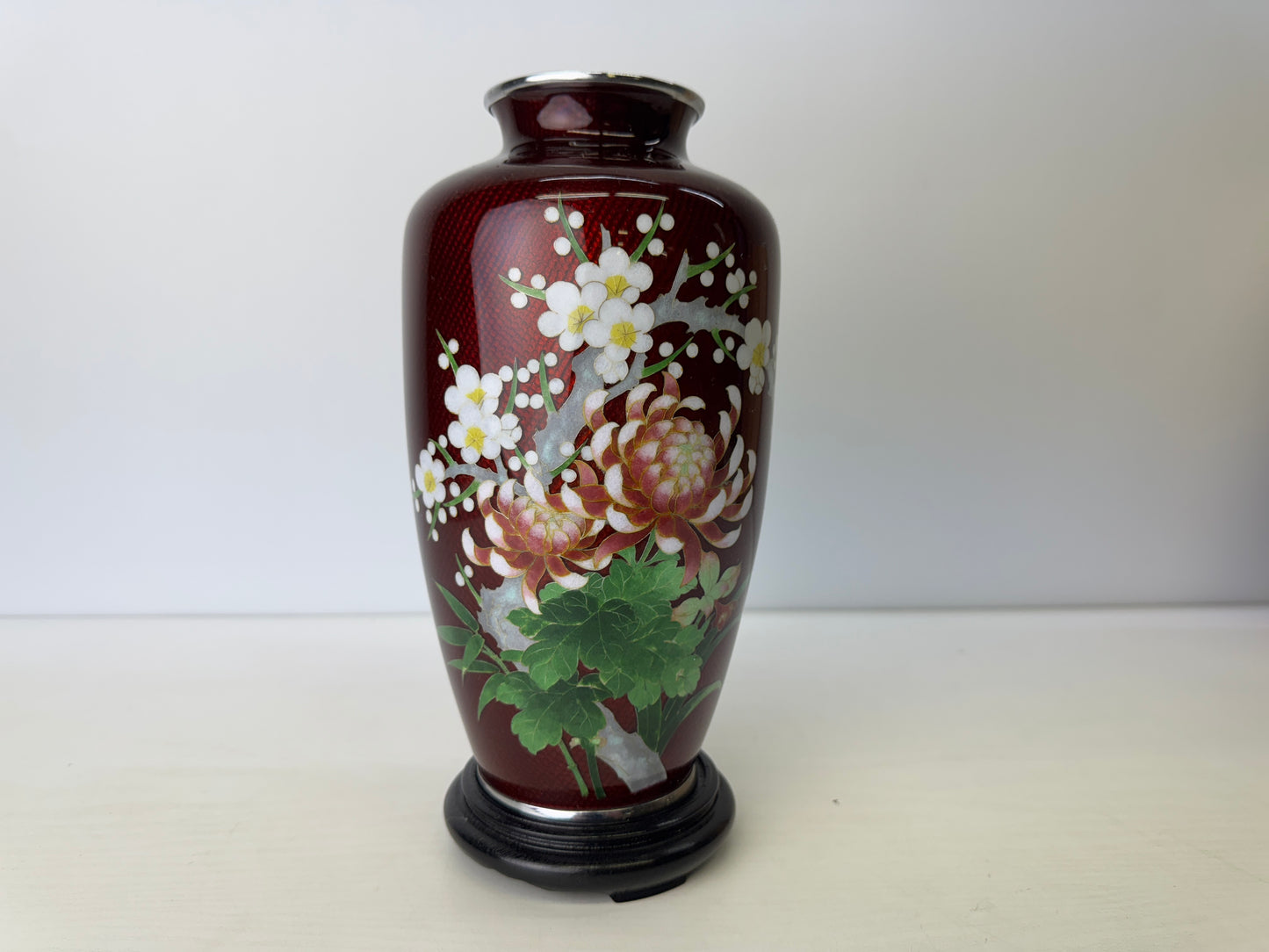 Y9098 FLOWER VASE Cloisonne Red signed box Japan ikebana floral arrangement