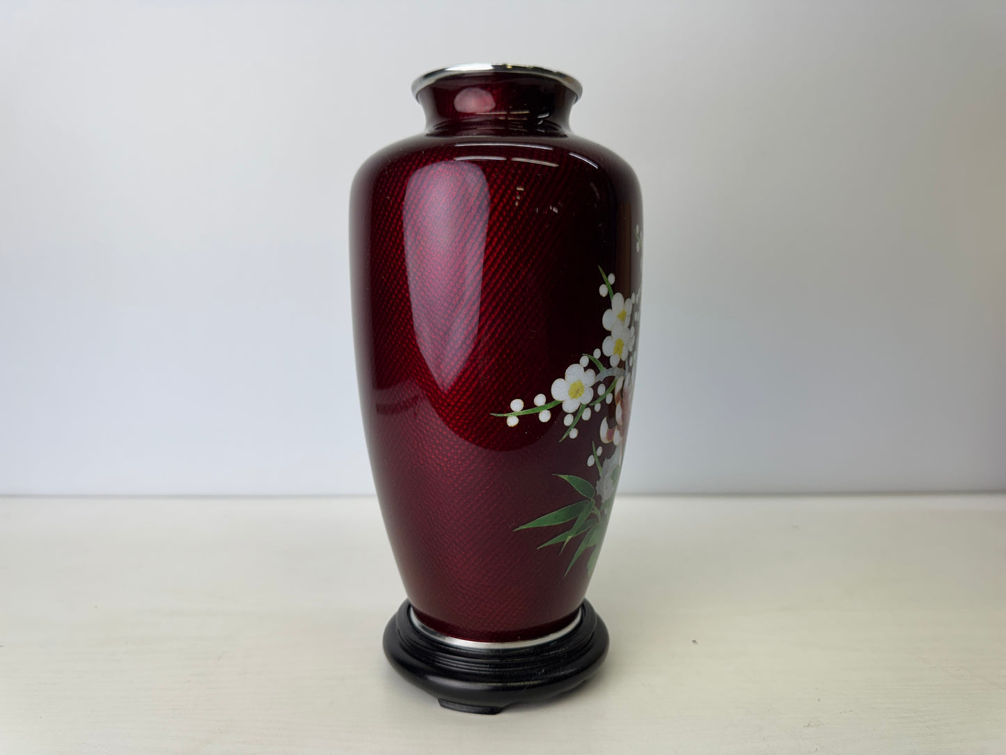 Y9098 FLOWER VASE Cloisonne Red signed box Japan ikebana floral arrangement