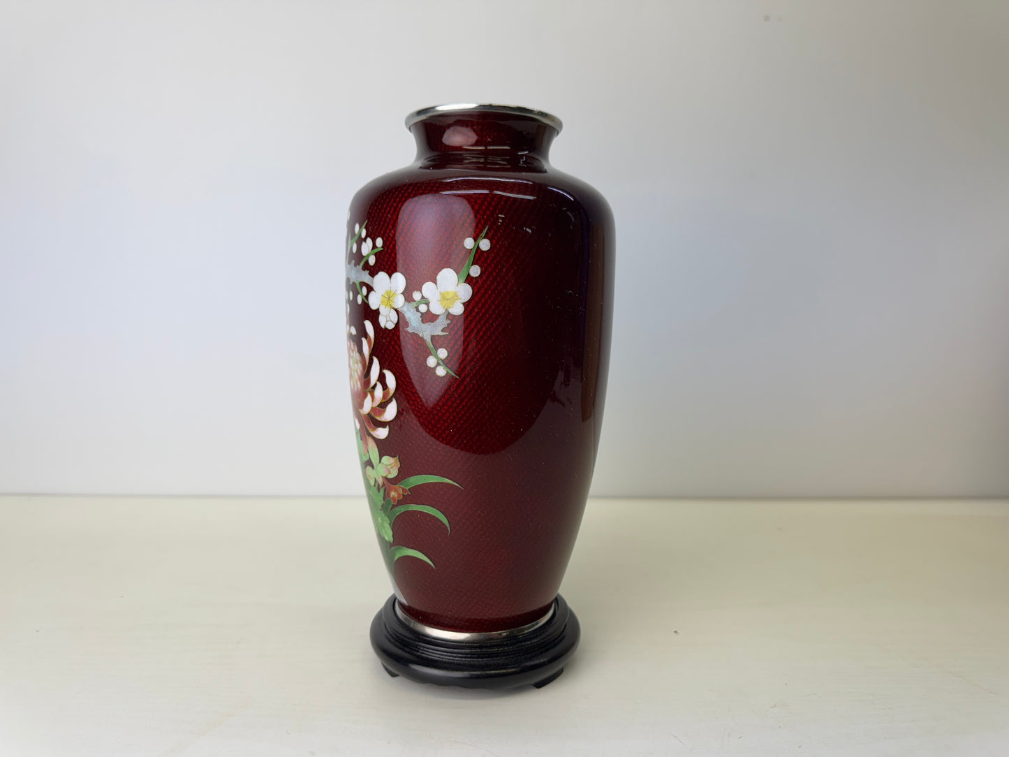Y9098 FLOWER VASE Cloisonne Red signed box Japan ikebana floral arrangement