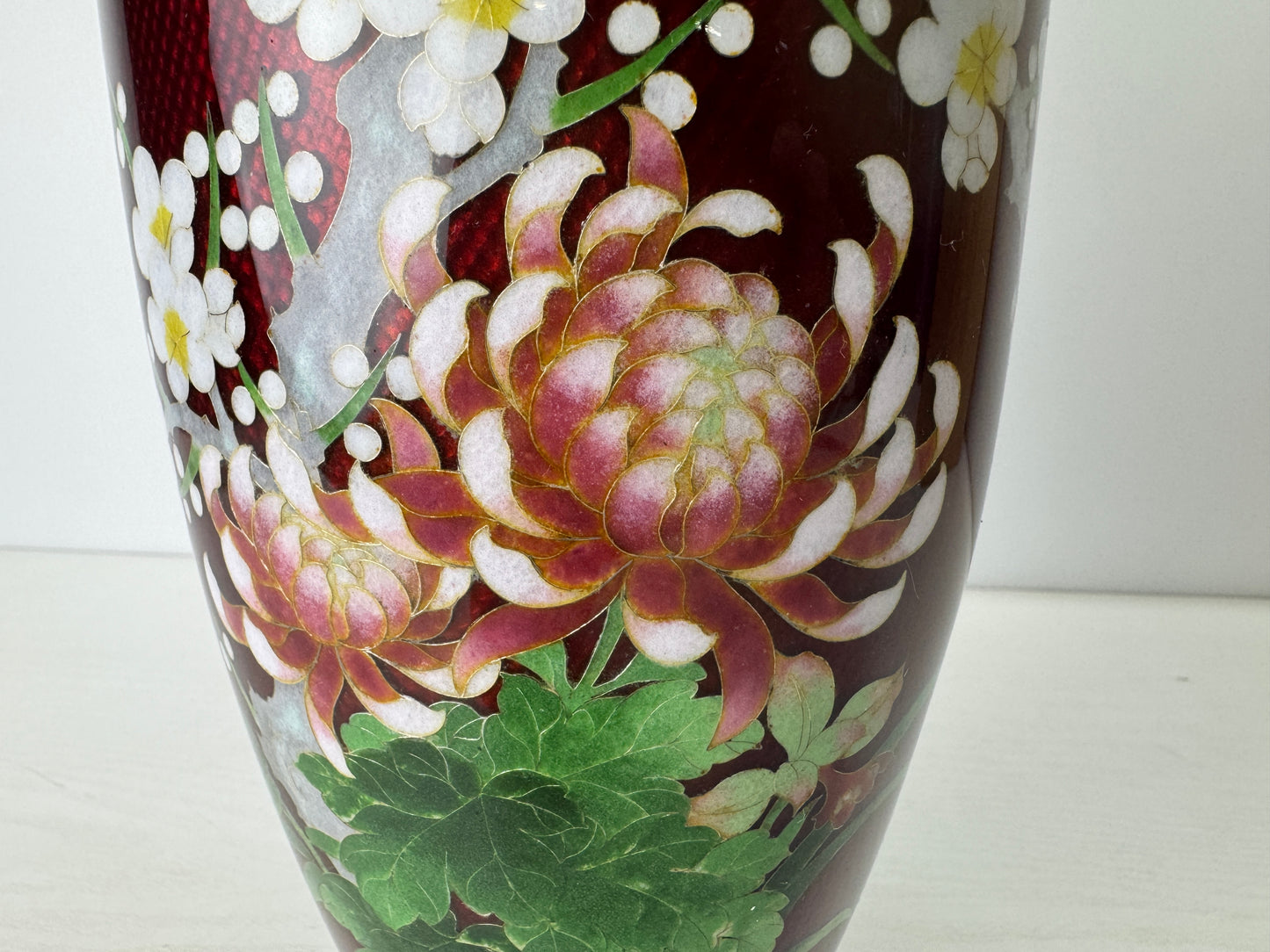 Y9098 FLOWER VASE Cloisonne Red signed box Japan ikebana floral arrangement