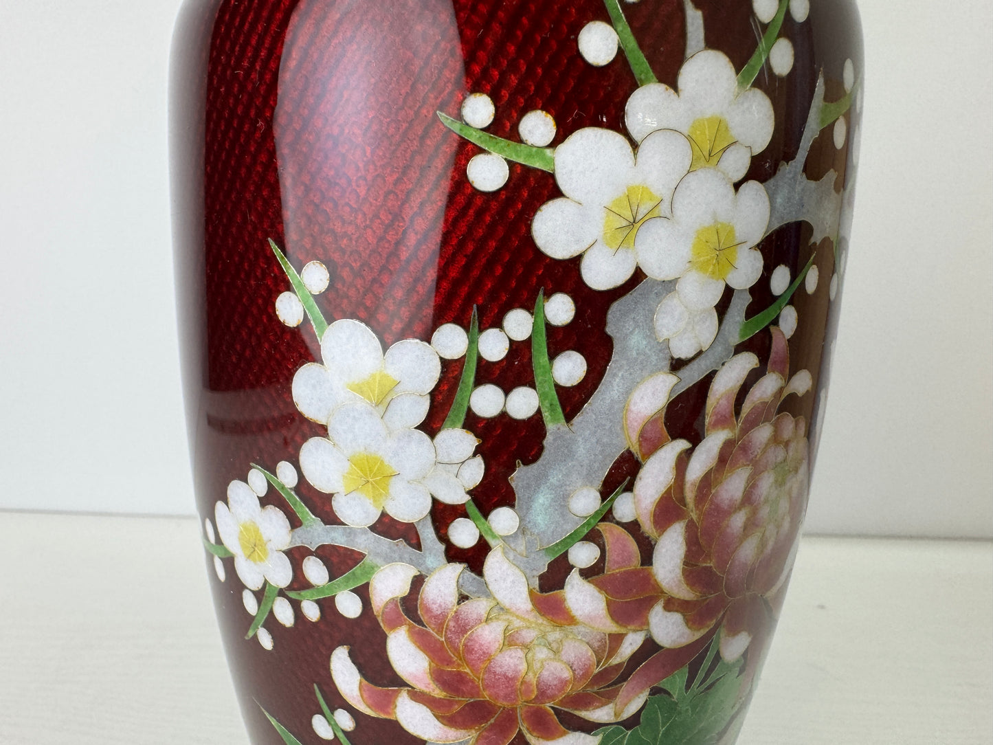 Y9098 FLOWER VASE Cloisonne Red signed box Japan ikebana floral arrangement