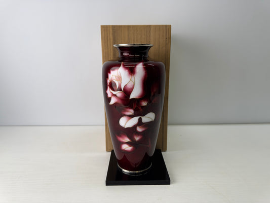 Y9099 FLOWER VASE Cloisonne Rose signed box Japan ikebana floral arrangement