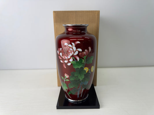 Y9100 FLOWER VASE Cloisonne Red signed box Japan ikebana floral arrangement