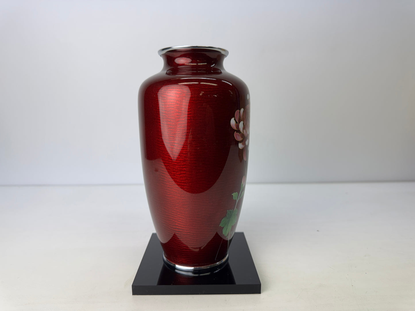 Y9100 FLOWER VASE Cloisonne Red signed box Japan ikebana floral arrangement