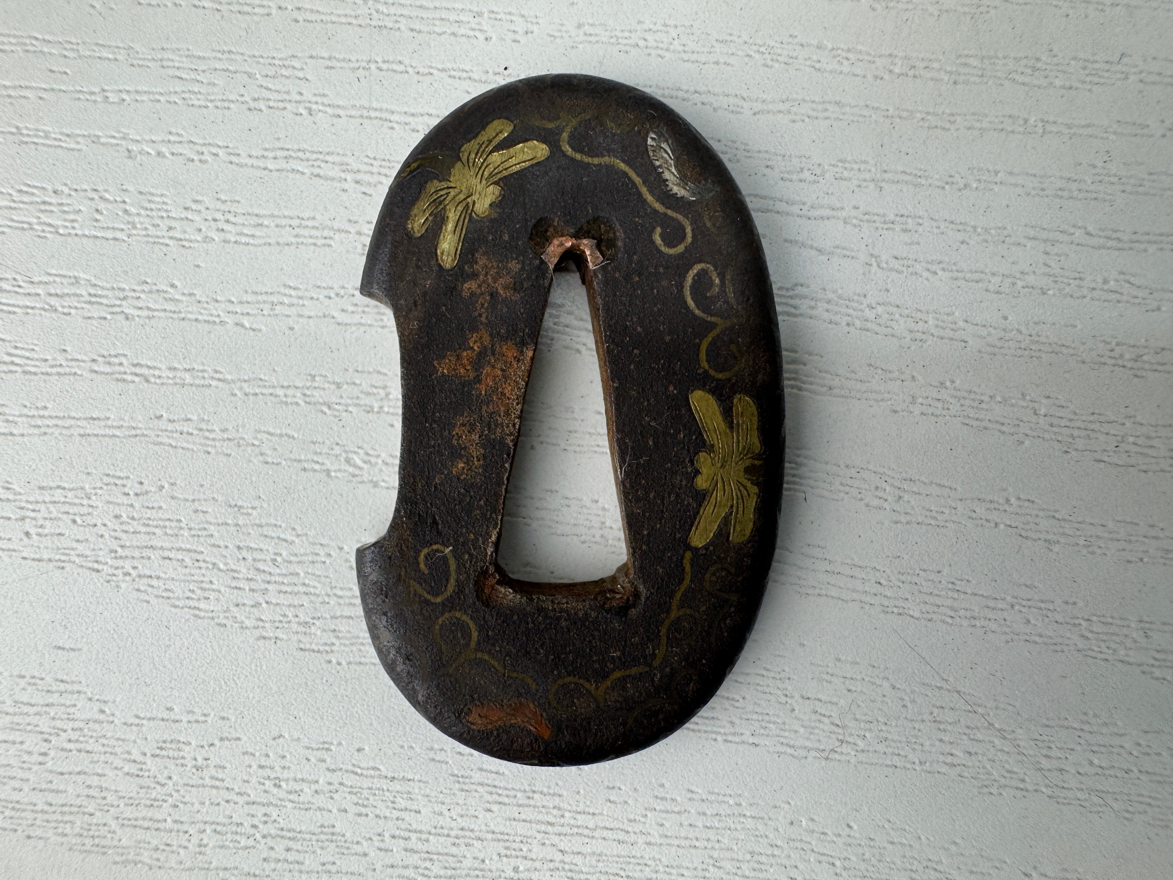 Y9101 TSUBA Iron sword guard brass inlay Japan samurai katana koshirae ...