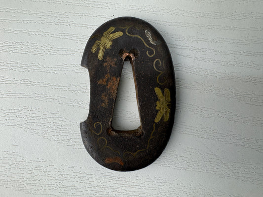 Y9101 TSUBA Iron sword guard brass inlay Japan samurai katana koshirae edo