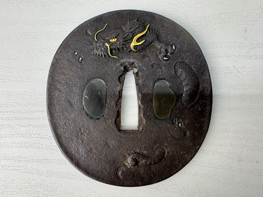 Y9104 TSUBA Iron sword guard Dragon Japan samurai katana antique koshirae edo