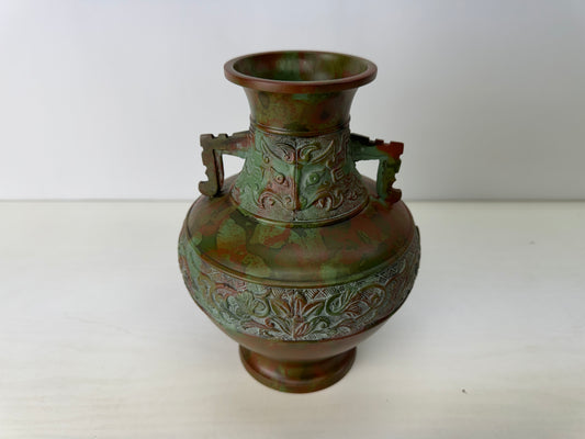 Y9116 FLOWER VASE metal Taotie motif Murashido Japan ikebana floral arrangement