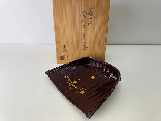 Y9121 DISH Lacquered confectionery plate signed box Japan antique tableware