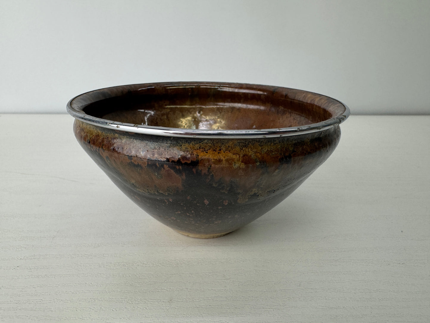 Y9129 CHAWAN Mino-ware Tenmoku bowl silver rim Japan antique tea ceremony cup
