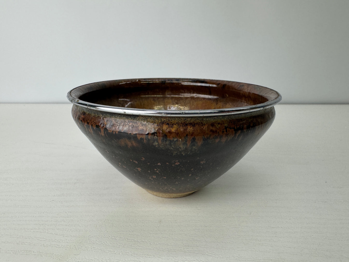 Y9129 CHAWAN Mino-ware Tenmoku bowl silver rim Japan antique tea ceremony cup