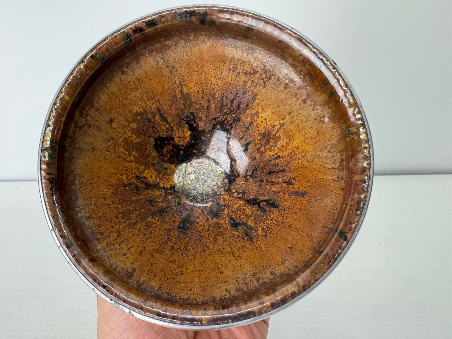 Y9129 CHAWAN Mino-ware Tenmoku bowl silver rim Japan antique tea ceremony cup