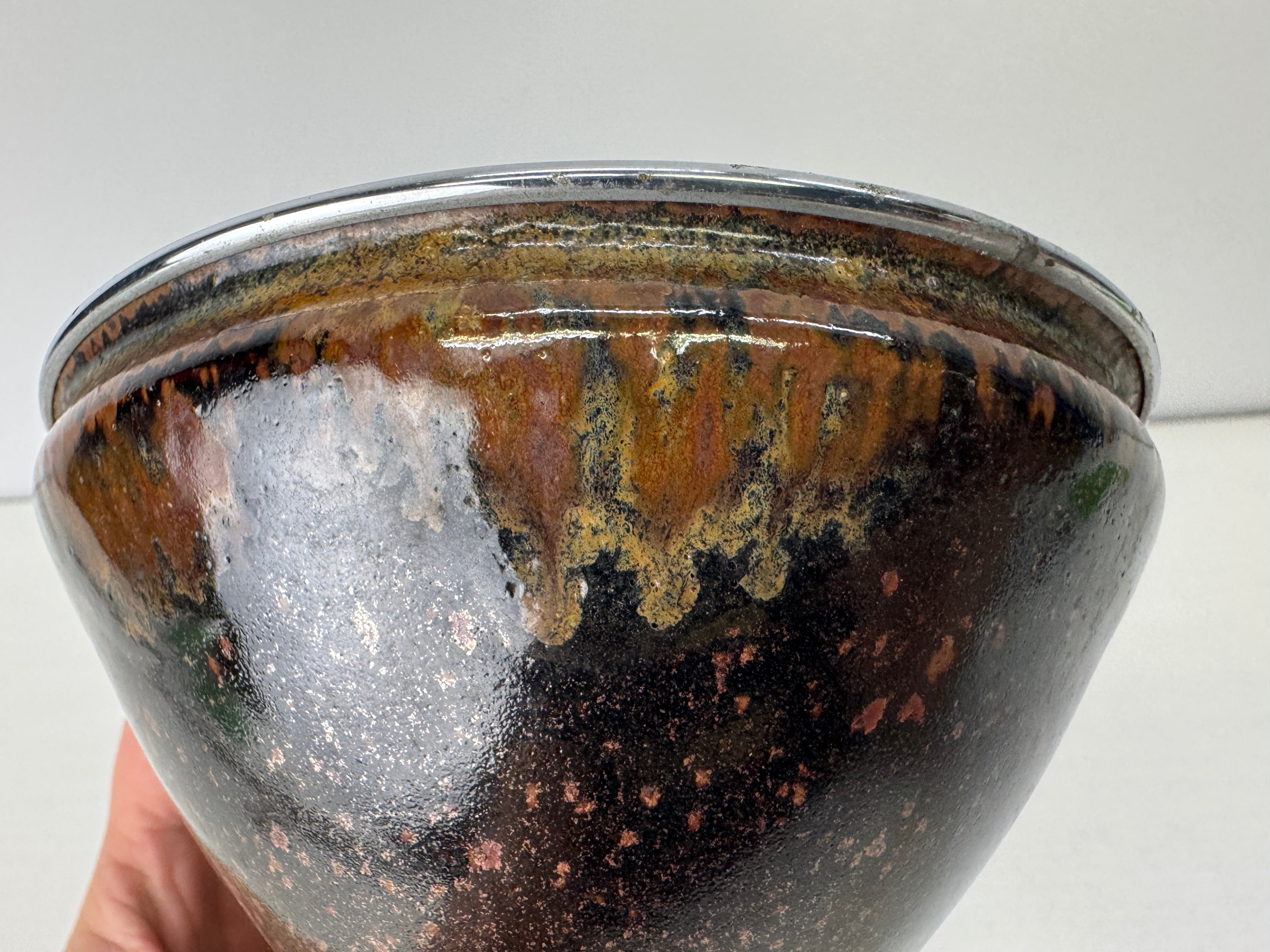Y9129 CHAWAN Mino-ware Tenmoku bowl silver rim Japan antique